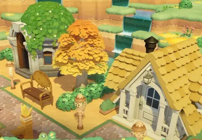 A cozy Petit Planet home with a golden roof, garden and waterfall
