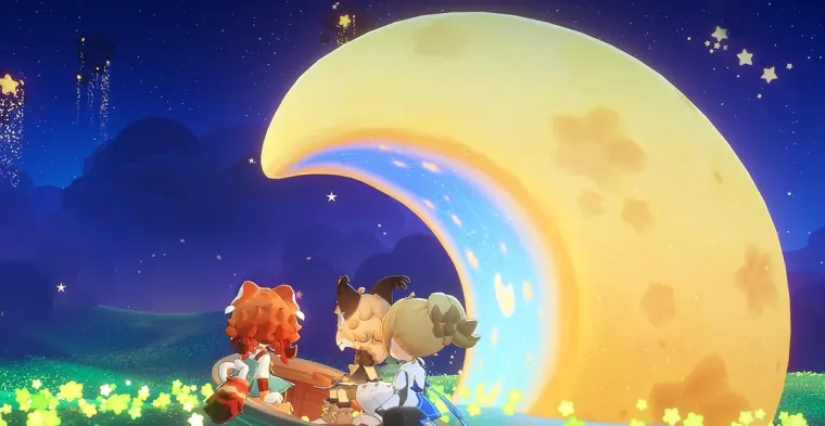 Petit Planet characters sailing toward a giant crescent moon in the Starsea